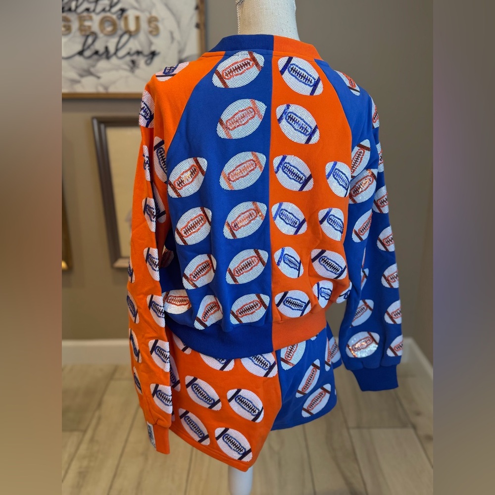 New!QUEEN OF SPARKLES Blue & Orange Sequin Football Sweatshirt & Shorts Set - Picture 5 of 10